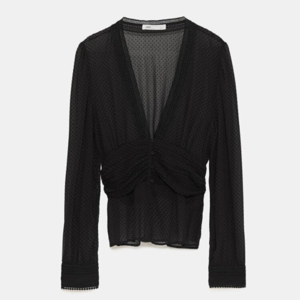 ZARA BLACK LOW V NECK CHIFFON LINED SWISS DOT BLOUSE